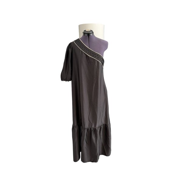 Mango Black Asymmetrical Satin Dress With Puffed Sleeve & Ruffled Hem Sz US 10 - Picture 2 of 13